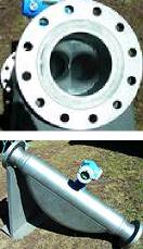 Top: Viewed down the barrel, you can clearly see the flow splitter where the product is split from a 150 mm line into two separate 76 mm measuring tubes. Bottom: Side view of the 6-inch Promass 64F Coriolis flowmeter